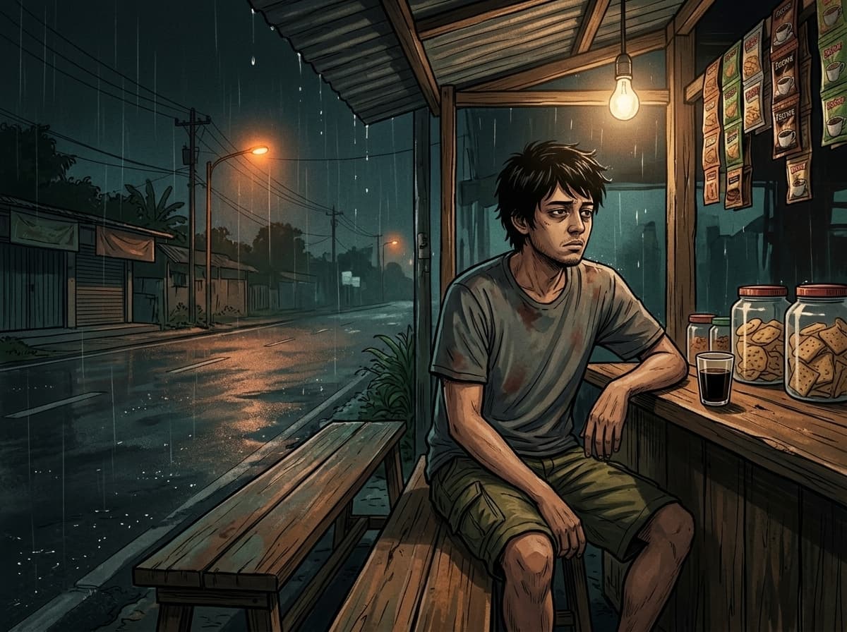 Raka duduk sendirian di warung kopi saat hujan malam