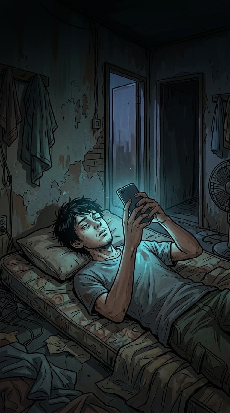 Raka berbaring di kasur tipis sebelum subuh, wajahnya diterangi layar ponsel