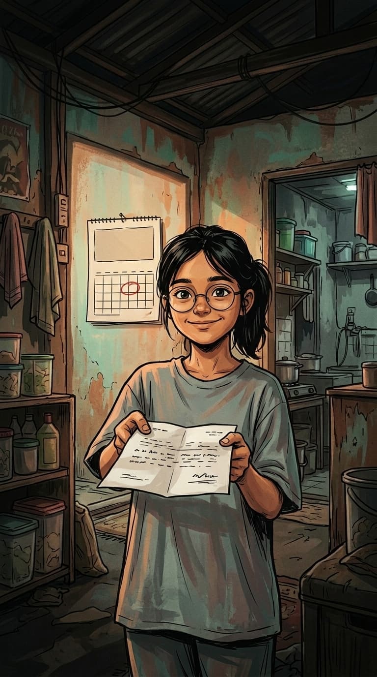Nayla tersenyum bangga memegang surat penerimaan SMA, kalender dinding dengan satu tanggal dilingkari merah