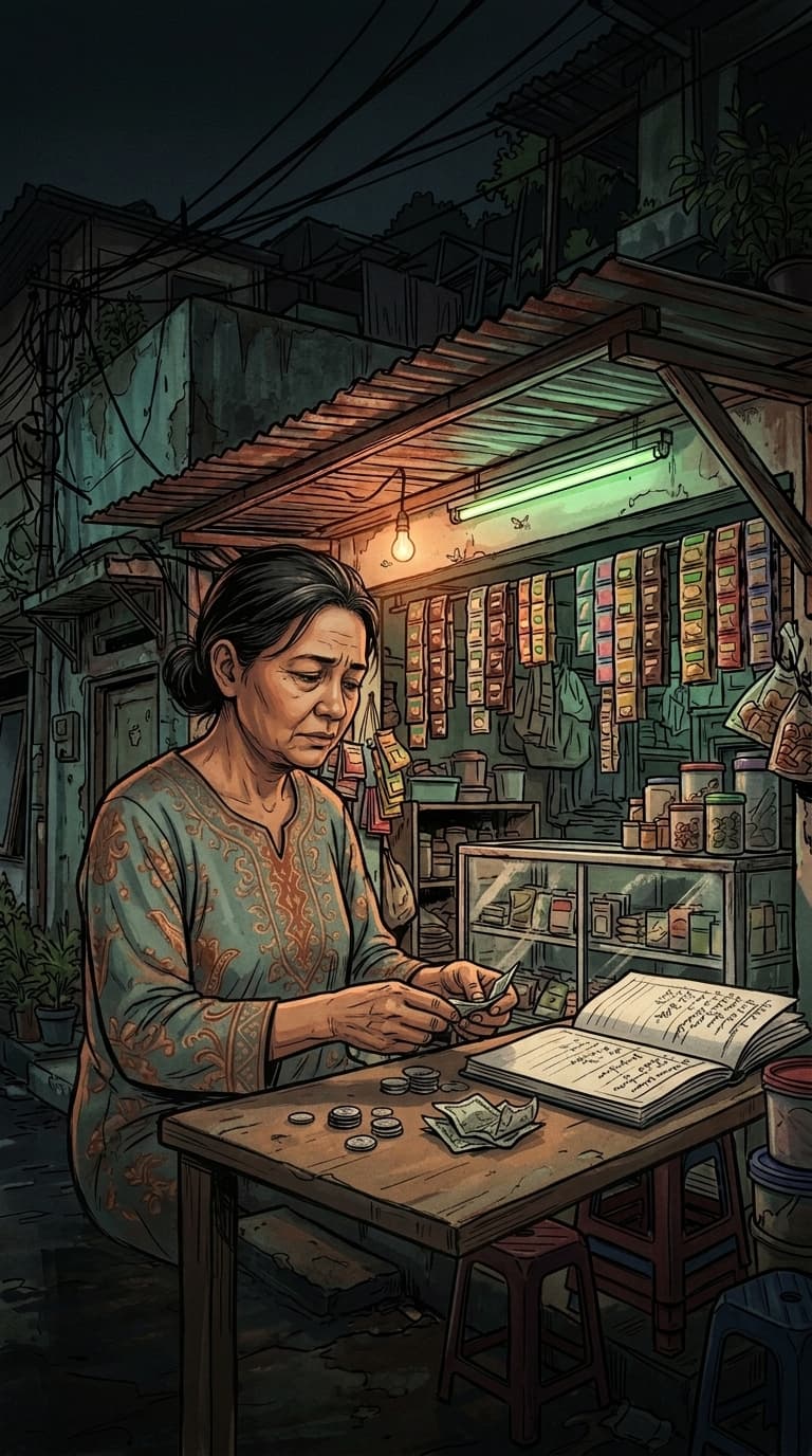 Bu Sri menghitung receh di balik etalase kaca warung